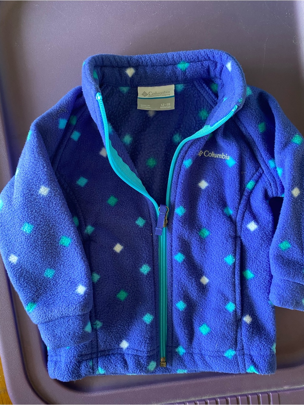 Columbia Kids Navy Blue Fleece Jacket with Teal and White Diamond Print